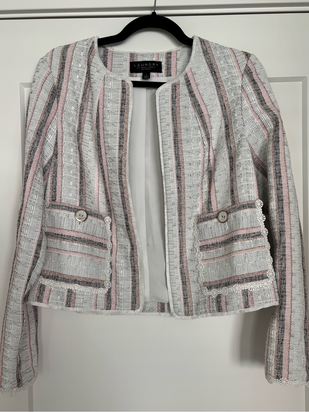 Laundry By Shelli Segal Pink and Gray Striped Tweed Cropped Blazer